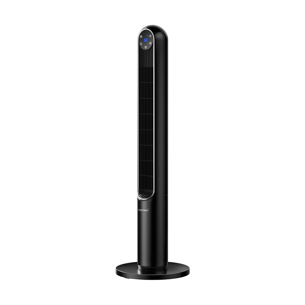 42-inch black tower fan with smart display, remote control, and 80° oscillation for comfortable airflow in any space.