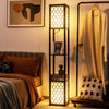 Freestanding floor lamp with storage shelf, featuring a double lamp pull chain and foot switch for easy operation.
