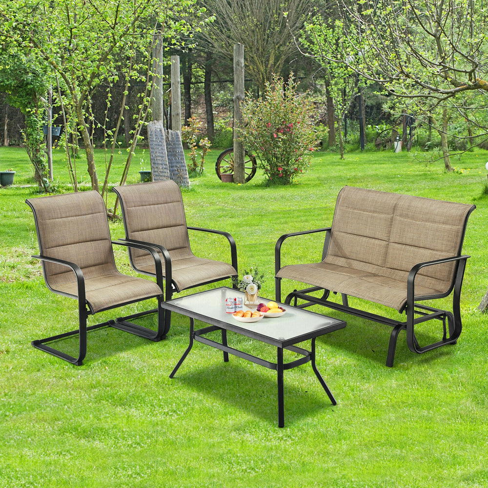 4-piece outdoor patio furniture set featuring a padded glider loveseat and coffee table, perfect for garden relaxation.