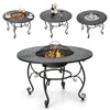 Round 35.5-inch patio fire pit dining table with cooking BBQ grate, featuring a sturdy steel frame and adjustable foot.