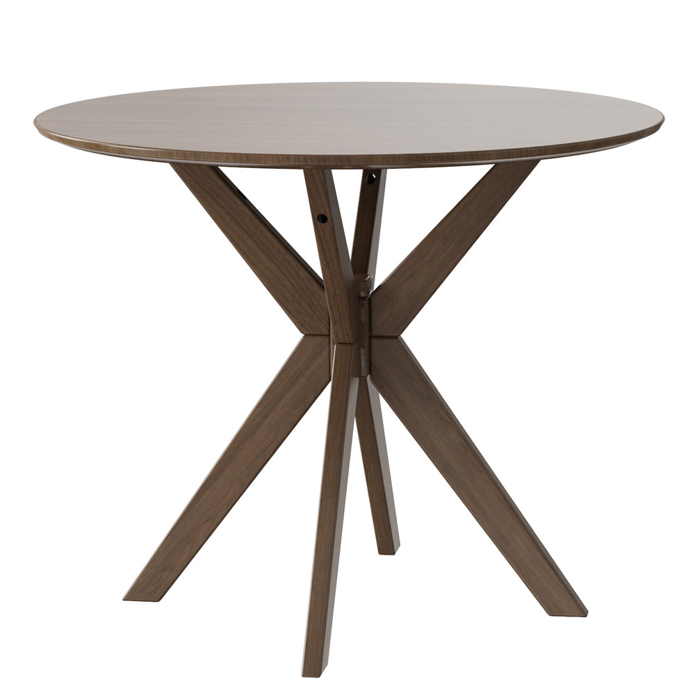 Round wood dining table with intersecting pedestal base, 36 inches, durable MDF top, ideal for home and commercial use.