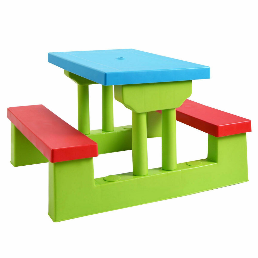 Colorful kids picnic folding table and bench set made of non-toxic PP, perfect for outdoor meals and playtime.