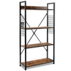 Industrial 4-tier bookshelf with wooden shelves and adjustable height, featuring powder-coated steel frame and hooks.