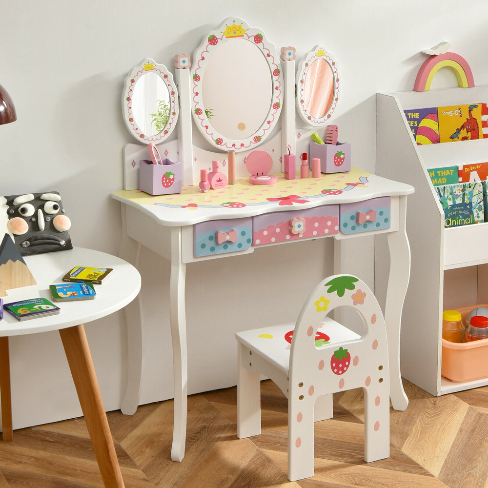Kids Vanity Princess Makeup Dressing Table Chair Set with Tri-fold Mirror-White - Gallery View 1 of 10