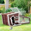 Wooden rabbit hutch with pull-out tray in red, featuring a cozy resting area and weather-resistant roof for outdoor use.