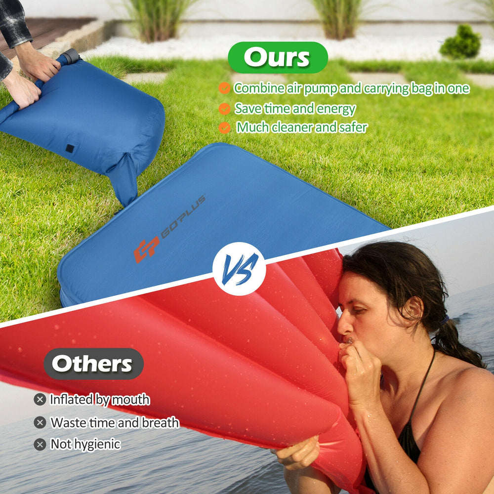 Self-inflating blue camping sleeping mattress with carrying bag, featuring waterproof TPU and sponge padding for.