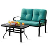 Turquoise cushioned loveseat and coffee table set with sturdy steel frame, perfect for outdoor patio relaxation.