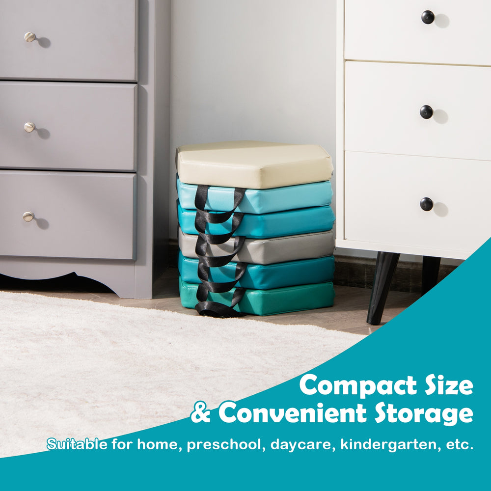 Multicolor hexagon floor cushions with handles, made of waterproof PU, perfect for kids' seating in classrooms and.