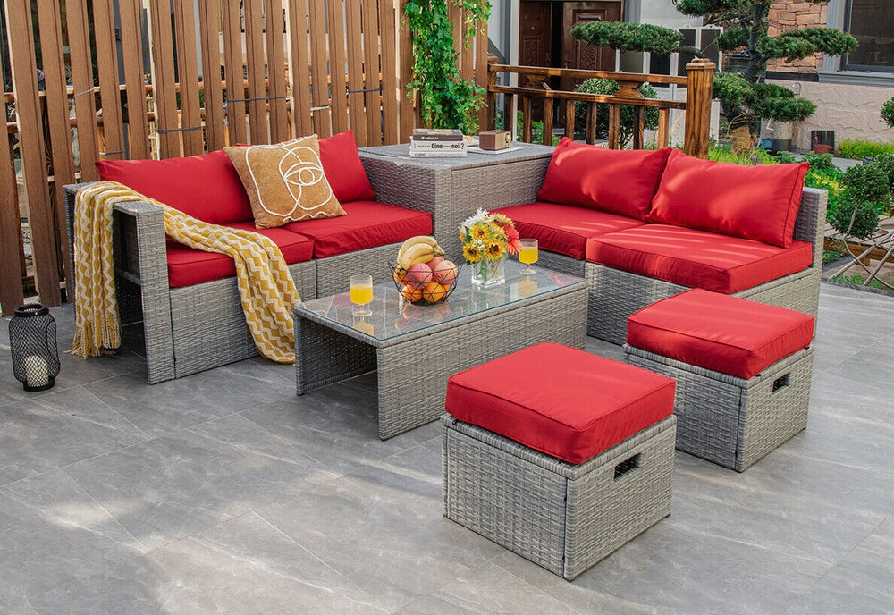 8 Pieces Patio Rattan Furniture Set with Storage Waterproof Cover and Cushion-Red - Gallery View 1 of 11