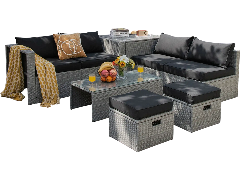 8-piece patio rattan furniture set with black cushions, featuring a coffee table and storage, ideal for outdoor.