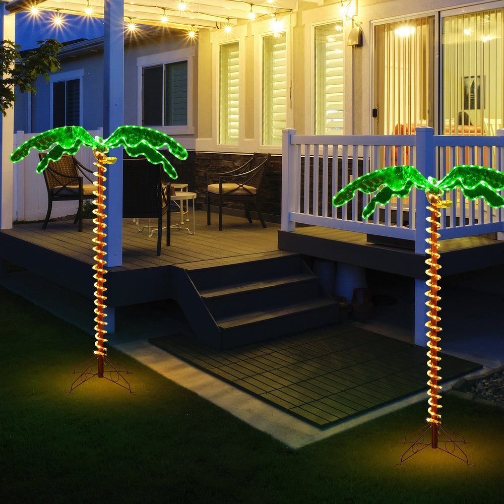 LED pre-lit palm tree decor with warm lights, 5 feet tall, perfect for outdoor patio and festive celebrations.