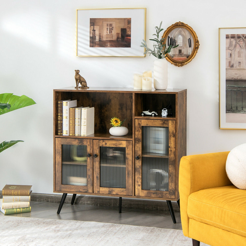 Rustic brown buffet kitchen storage cupboard with glass doors, adjustable shelves, and black tapered legs for stylish.