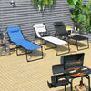 Foldable lounge chair in black with adjustable backrest and footrest, perfect for outdoor relaxation and stability.
