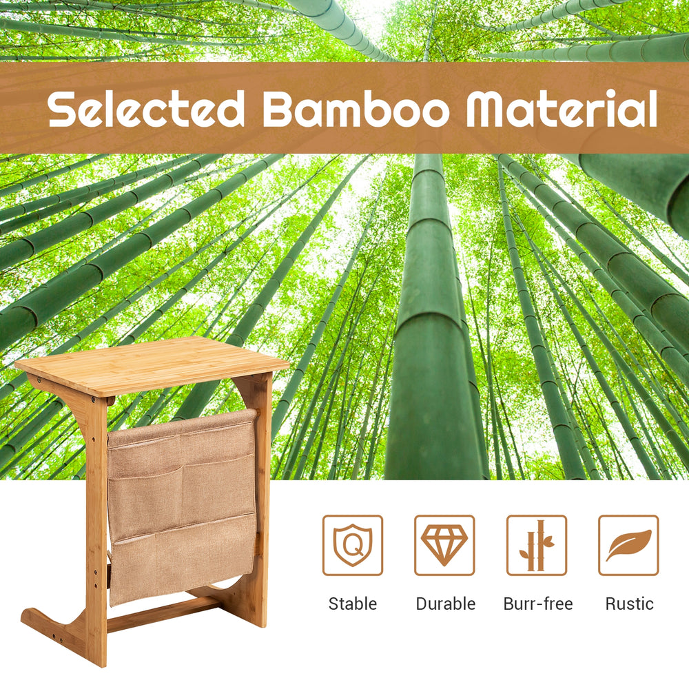 Bamboo bedside table with storage bag, L-shaped design, durable and waterproof for versatile use beside sofa or bed.