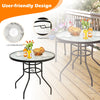 Black steel round table with 32-inch tempered glass top, designed with a convenient umbrella hole for outdoor enjoyment.
