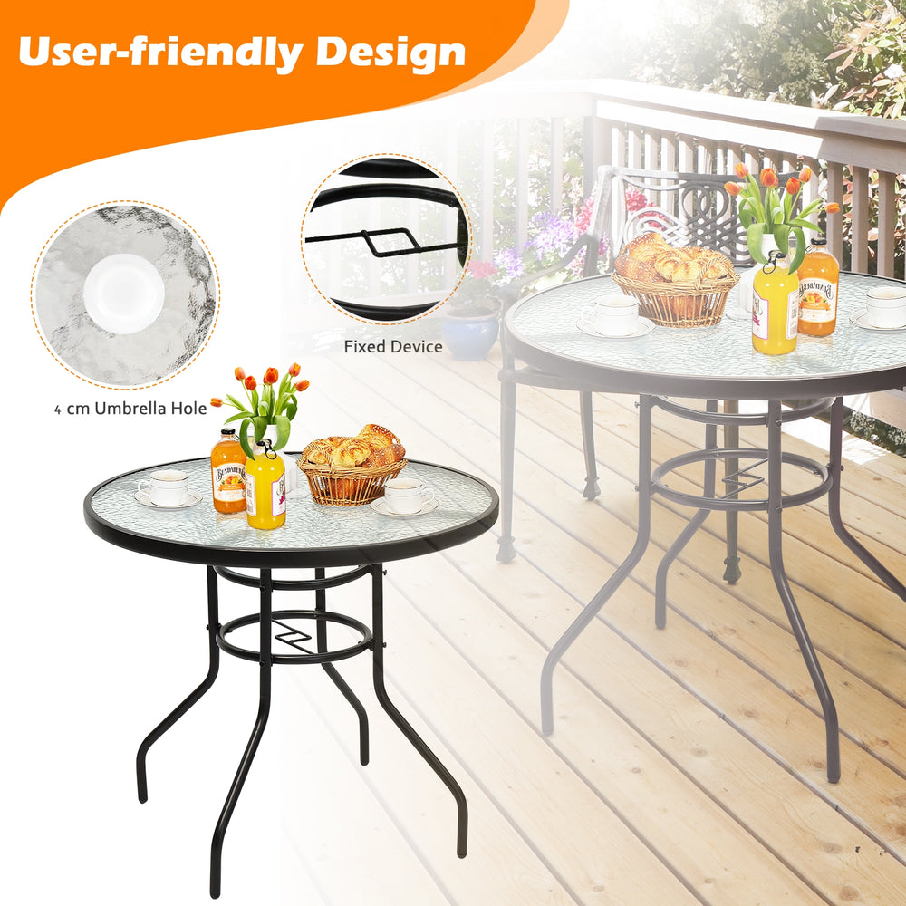 Black steel round table with 32-inch tempered glass top, designed with a convenient umbrella hole for outdoor enjoyment.