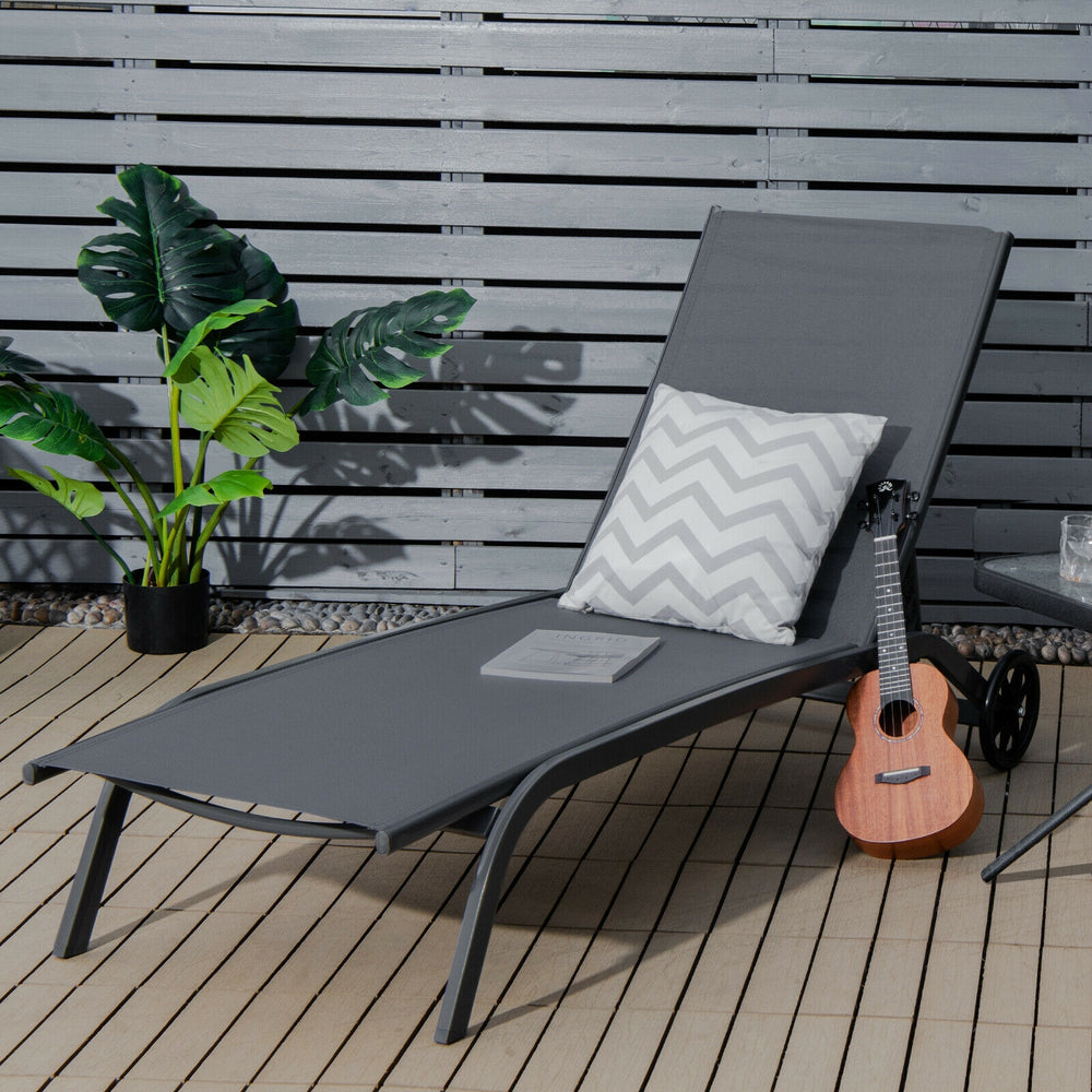 6-Poisition Adjustable Outdoor Chaise Recliner with Wheels-Gray - Gallery View 1 of 8
