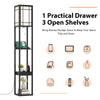 Modern floor lamp with shelves and drawer, featuring 3 open shelves, USB ports, and a white lampshade for a tidy space.