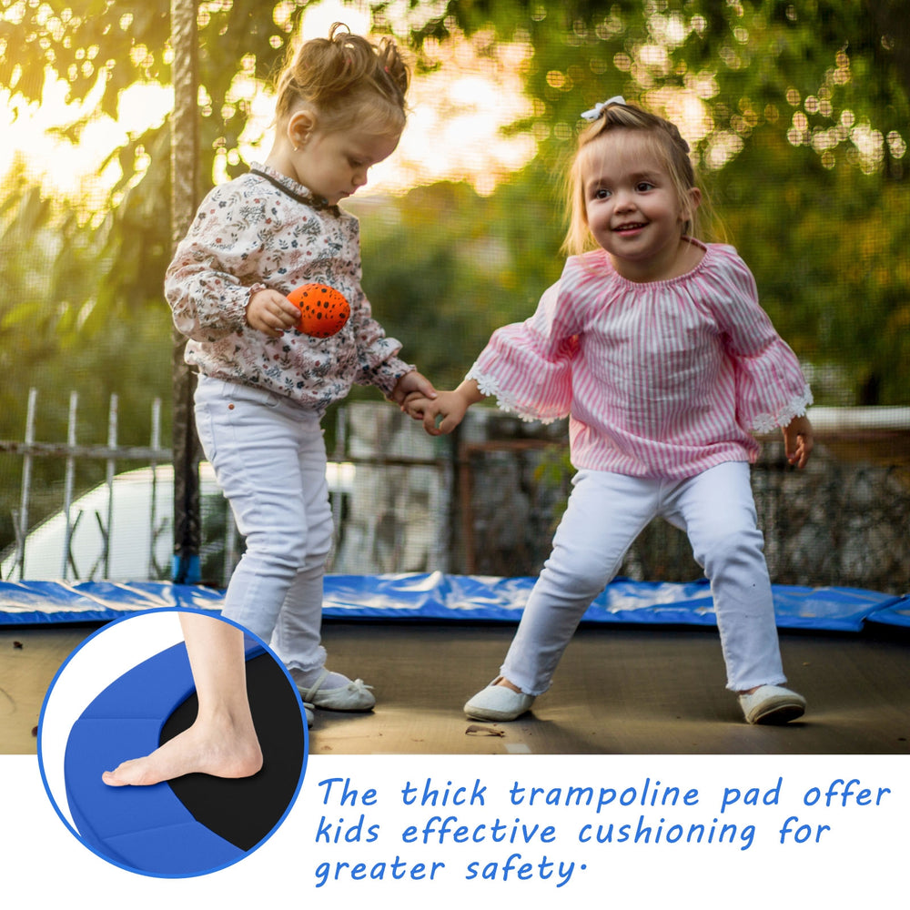 Thick blue trampoline safety pad offers edge-to-edge protection and cushioning for a safer jumping experience.
