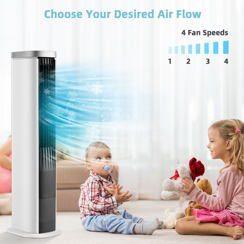 3-in-1 portable evaporative air cooler in white with 4 fan speeds, ideal for home or office use during hot summer days.
