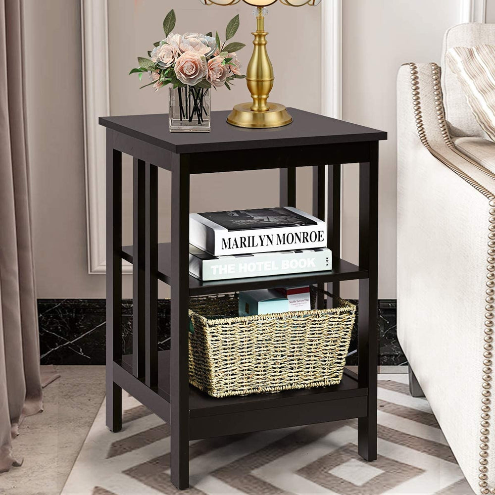 Dark brown 3-tier nightstand with open compartments, ideal for storage and display in living room or bedroom.