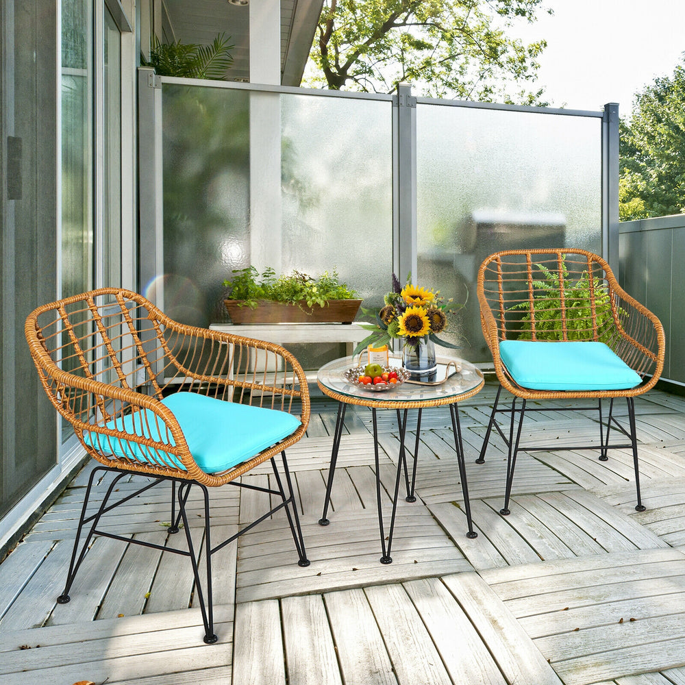 3 Pieces Rattan Furniture Set with Cushioned Chair Table-Turquoise - Gallery View 1 of 11