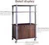 Microwave rack stand in walnut finish with 3 shelves, 2-door cabinet, and caster wheels for easy movement in the.