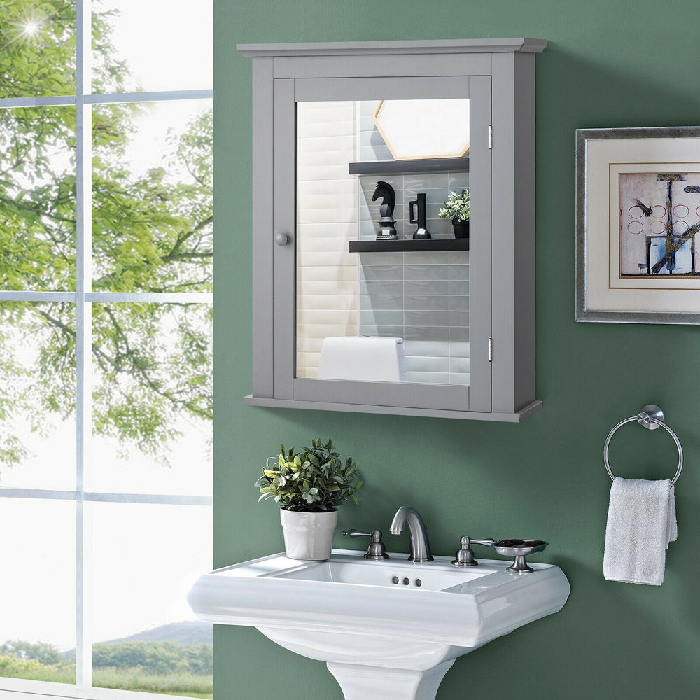 Bathroom Mirror Cabinet Wall Mounted Adjustable Shelf Medicine Storage-Gray - Gallery View 1 of 12