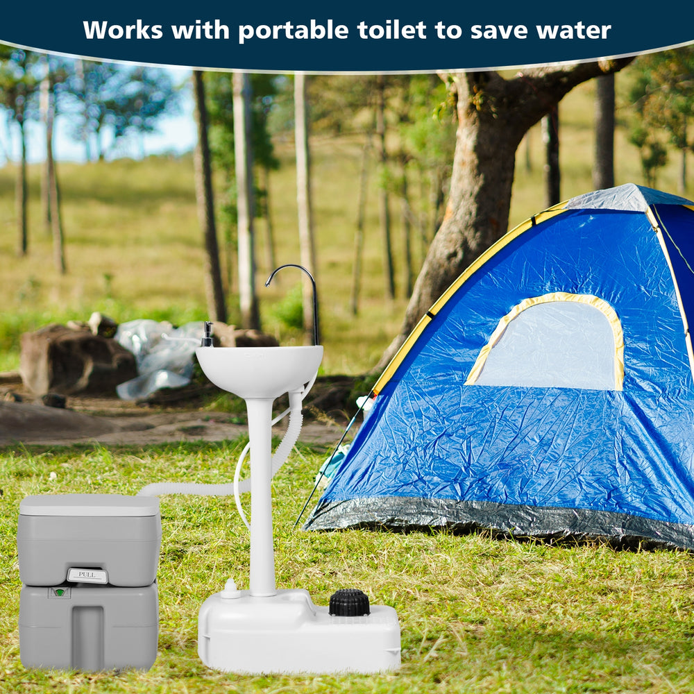 Camping hand wash station with 4.5-gallon tank, lightweight design, and soap dispenser for outdoor hygiene.