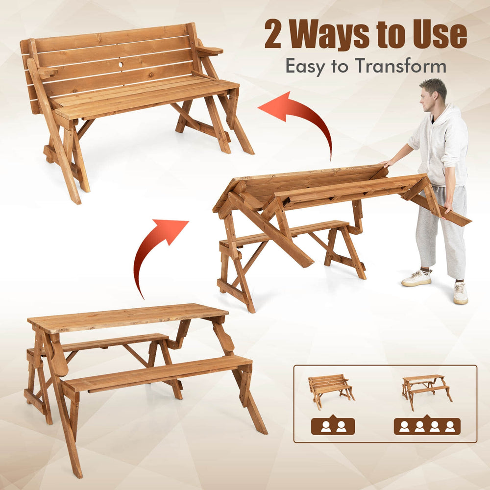 Transforming wooden picnic table bench in dark brown, accommodates 4 for dining or 2 for relaxing, ideal for outdoor.