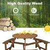 Round wooden picnic table with umbrella hole, dark brown, seats 6 with 3 built-in benches for outdoor gatherings.