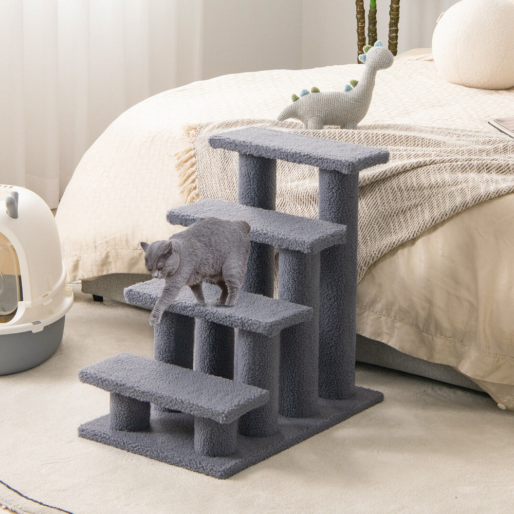 24 Inch 4-Step Pet Stairs Carpeted Ladder Ramp Scratching Post Cat Tree Climber-Gray - Gallery View 1 of 10