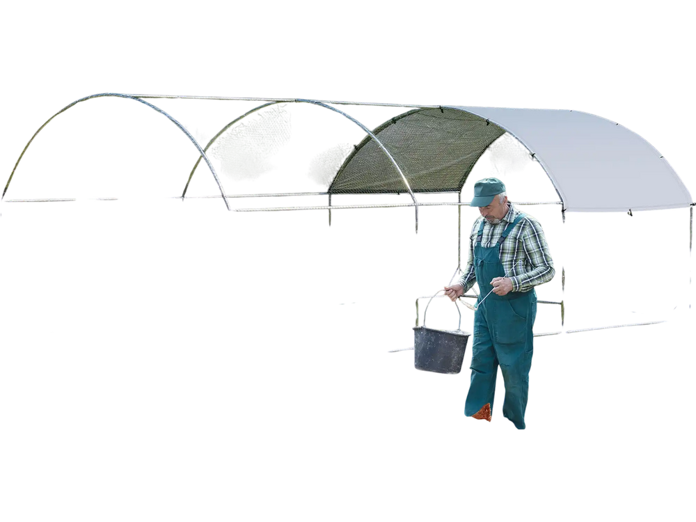 Large metal chicken coop with galvanized steel frame and waterproof cover, ideal for outdoor use and chicken safety.