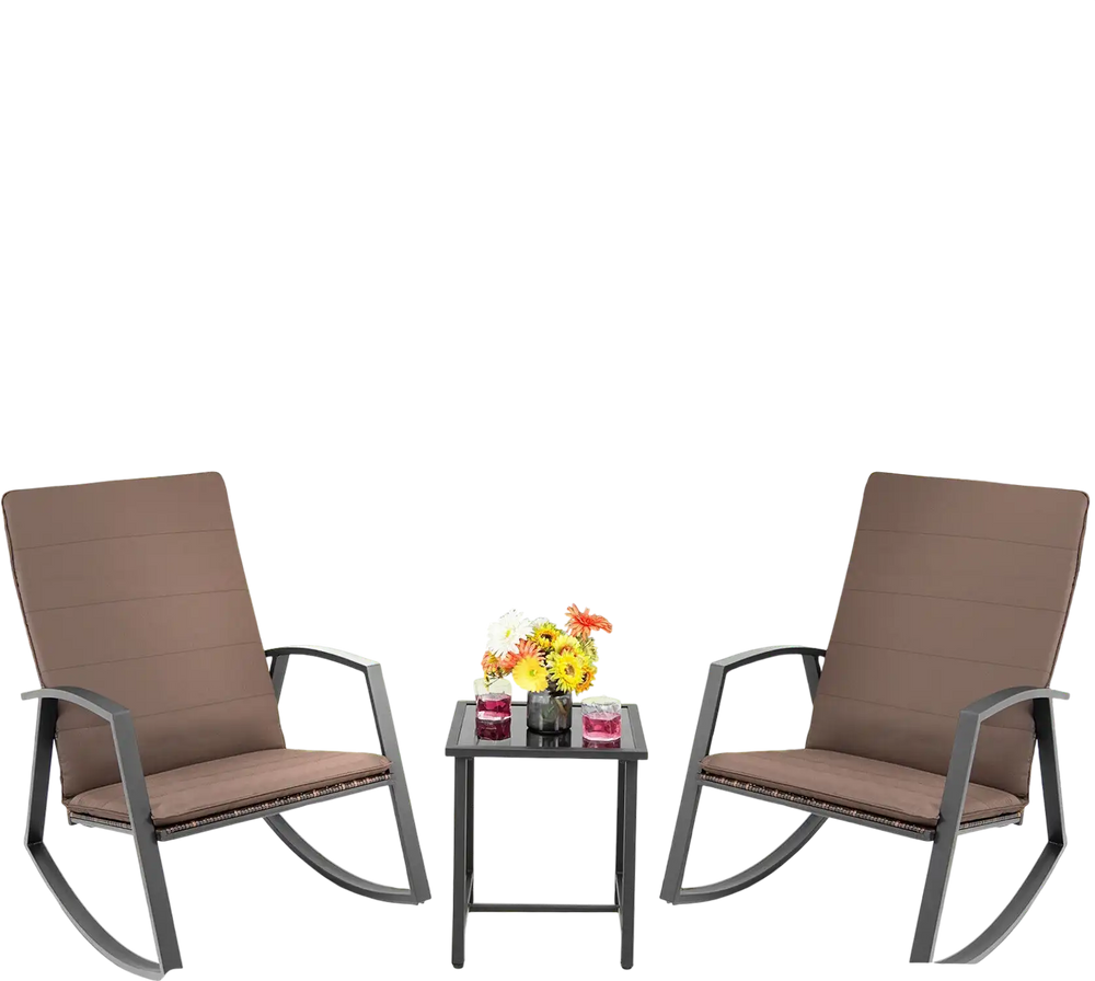 3-piece patio rattan rocking furniture set in brown with cushions, ideal for outdoor relaxation in your backyard or.