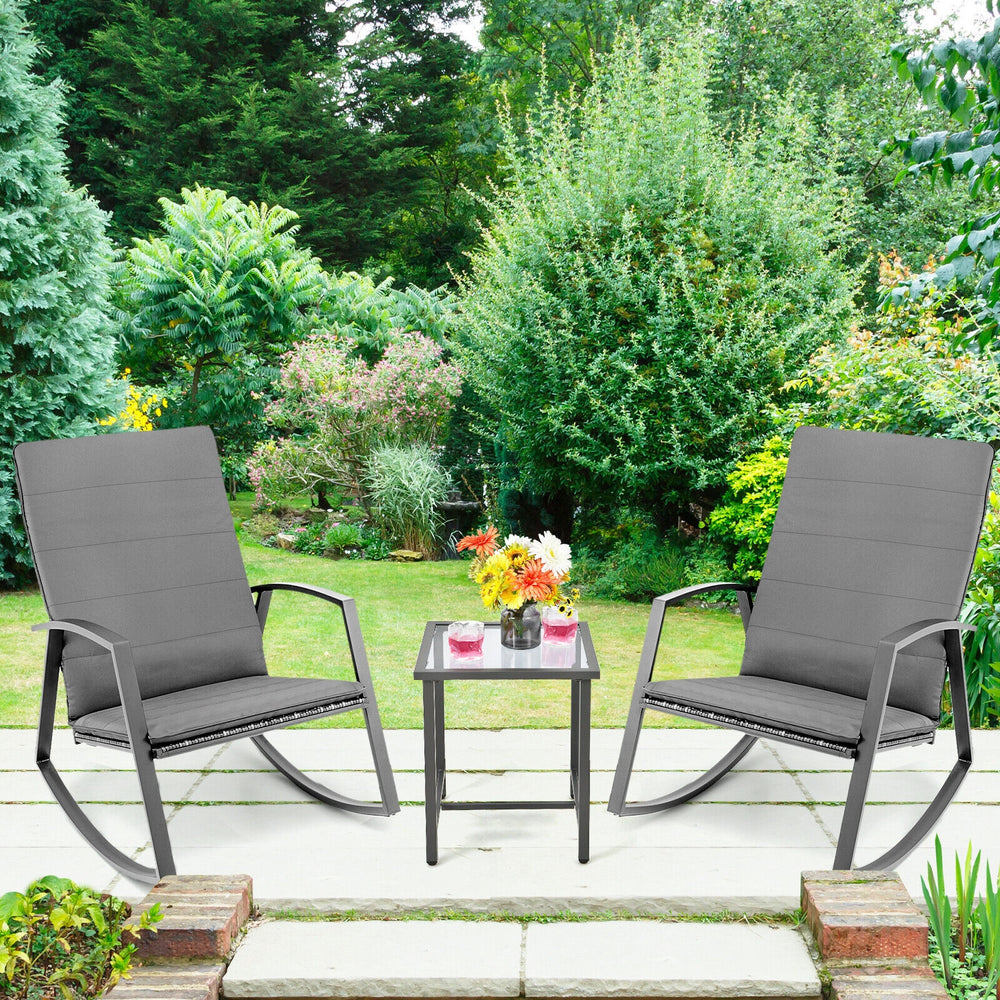 3 Pieces Patio Rattan Rocking Furniture Set-Gray - Gallery View 1 of 10
