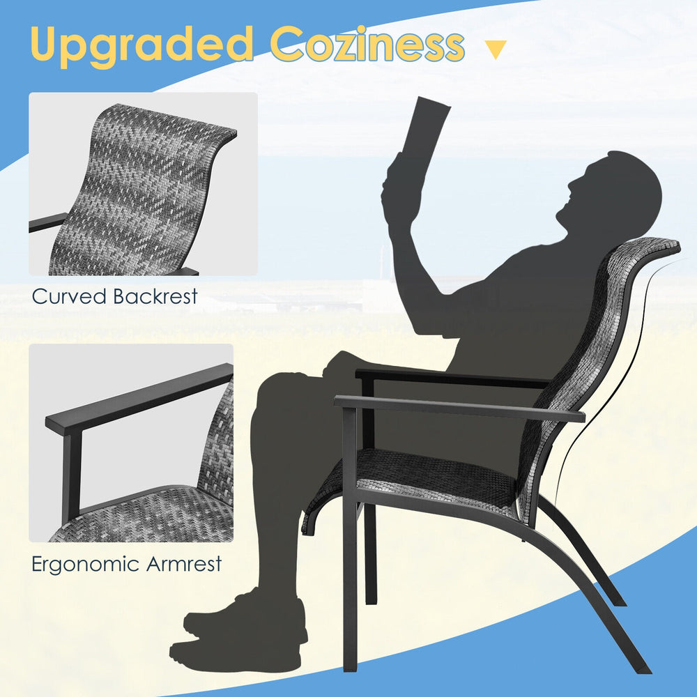 Curved backrest and ergonomic armrest of the gray patio rattan chair, designed for comfort in outdoor spaces.