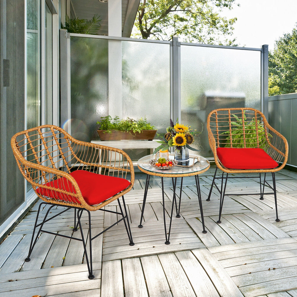 3 Pieces Rattan Furniture Set with Cushioned Chair Table-Red - Gallery View 1 of 11