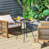 Round fire pit table with mesh cover and fire poker, featuring a durable steel frame, perfect for outdoor gatherings.