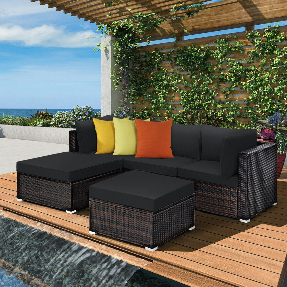 5 Pieces Patio Sectional Rattan Furniture Set with Ottoman Table-Black - Gallery View 1 of 11