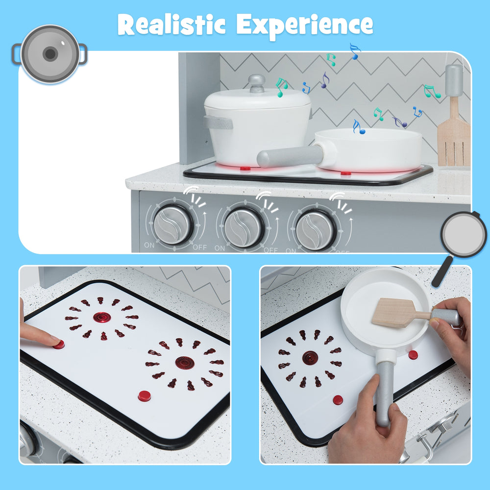 Wooden pretend play kitchen toy set with realistic light and sound features, designed for kids' fun and social skill.