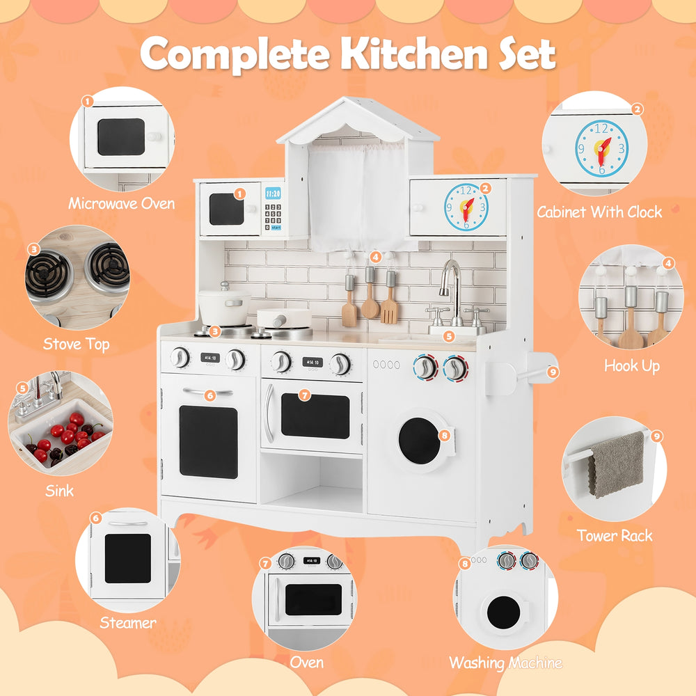 Wooden kids kitchen playset featuring a washing machine, microwave, oven, and sink for imaginative play and creativity.