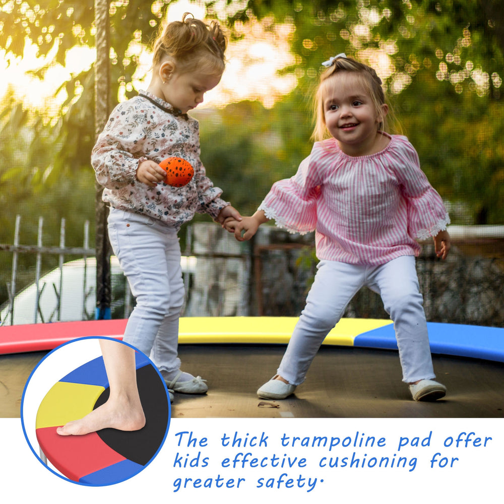 Thick multicolor trampoline spring cover with EPE foam for safety and comfort, ideal for kids' jumping fun.