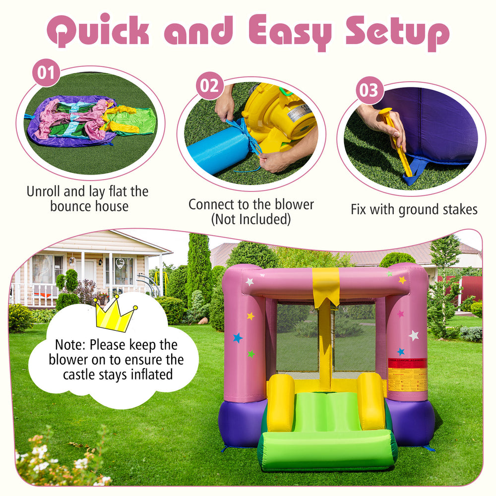 Inflatable bounce house with slide and basketball hoop, made of durable 420D oxford cloth, perfect for outdoor parties.