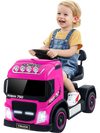 Side view of a pink 6V kids electric ride-on truck showcasing large durable wheels and a functional foot pedal for safe.