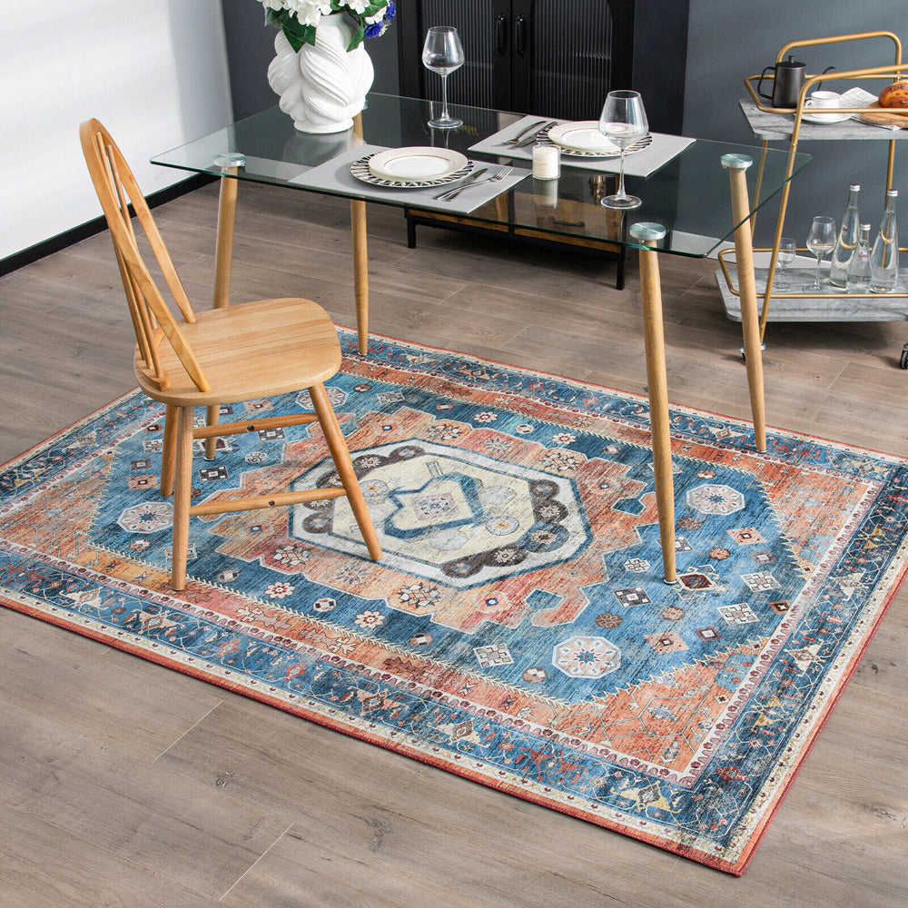 Distressed vintage area rug in blue and orange, 5 x 7 inches, perfect for living room or dining room with non-slip.