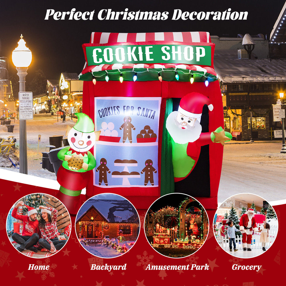 6.3 feet inflatable gingerbread cookie shop with Santa, featuring colorful lights for festive outdoor Christmas.