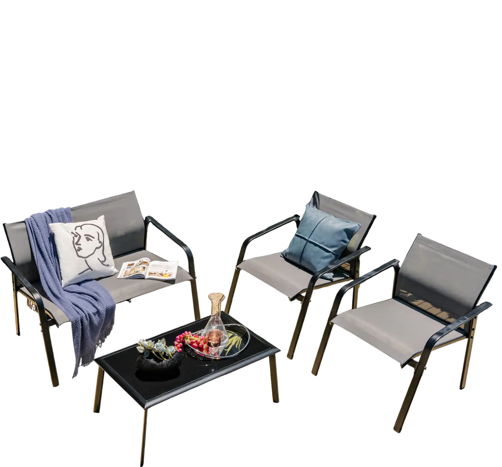 Costway 4-Piece Patio Furniture Set Loveseat Sofas Glass Table Gray 69487205 New