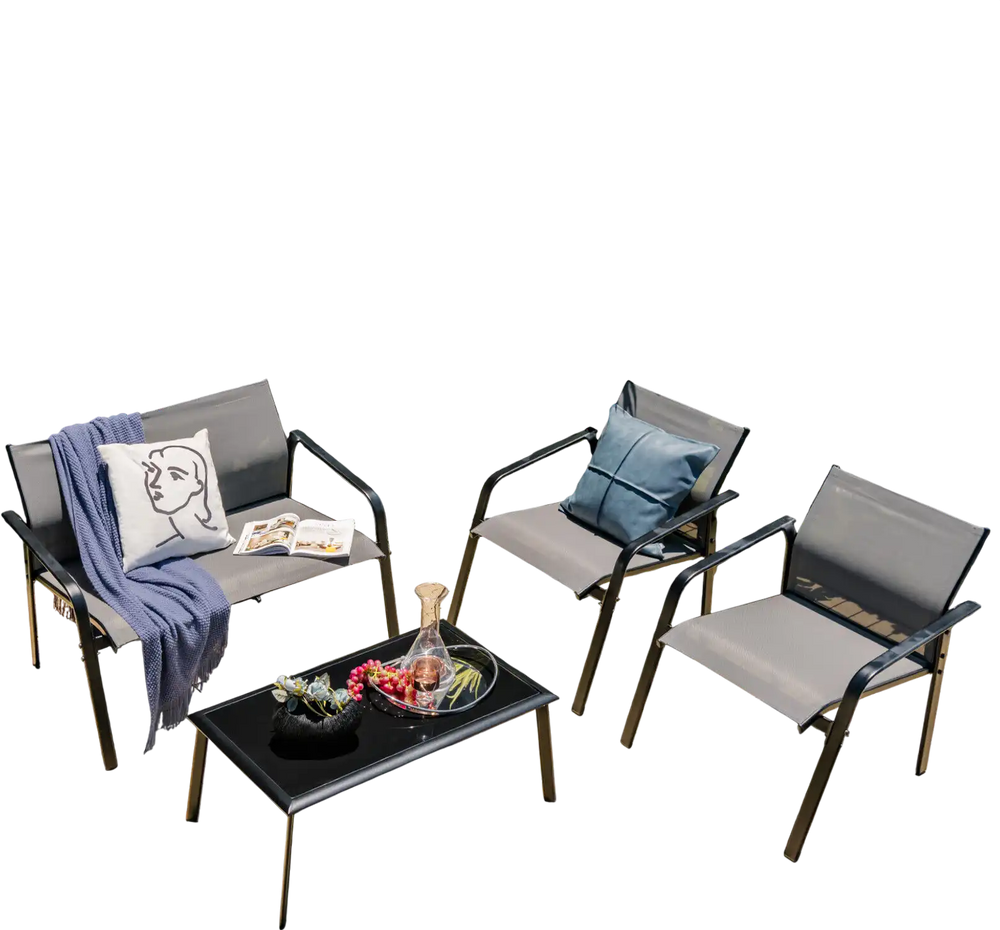 4-piece patio furniture set featuring gray armrest loveseats and a glass table, perfect for outdoor relaxation.