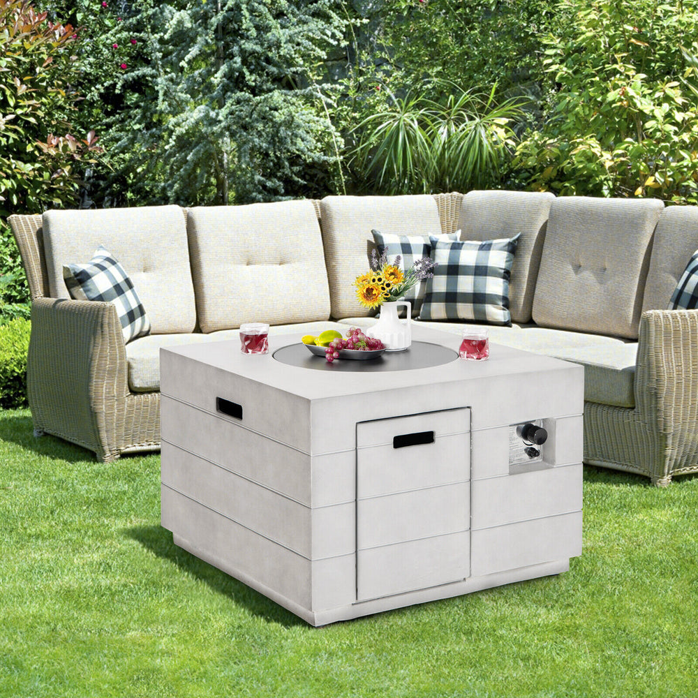 34-inch square gray concrete propane fire pit table with lava rocks, perfect for outdoor gatherings and patio use.