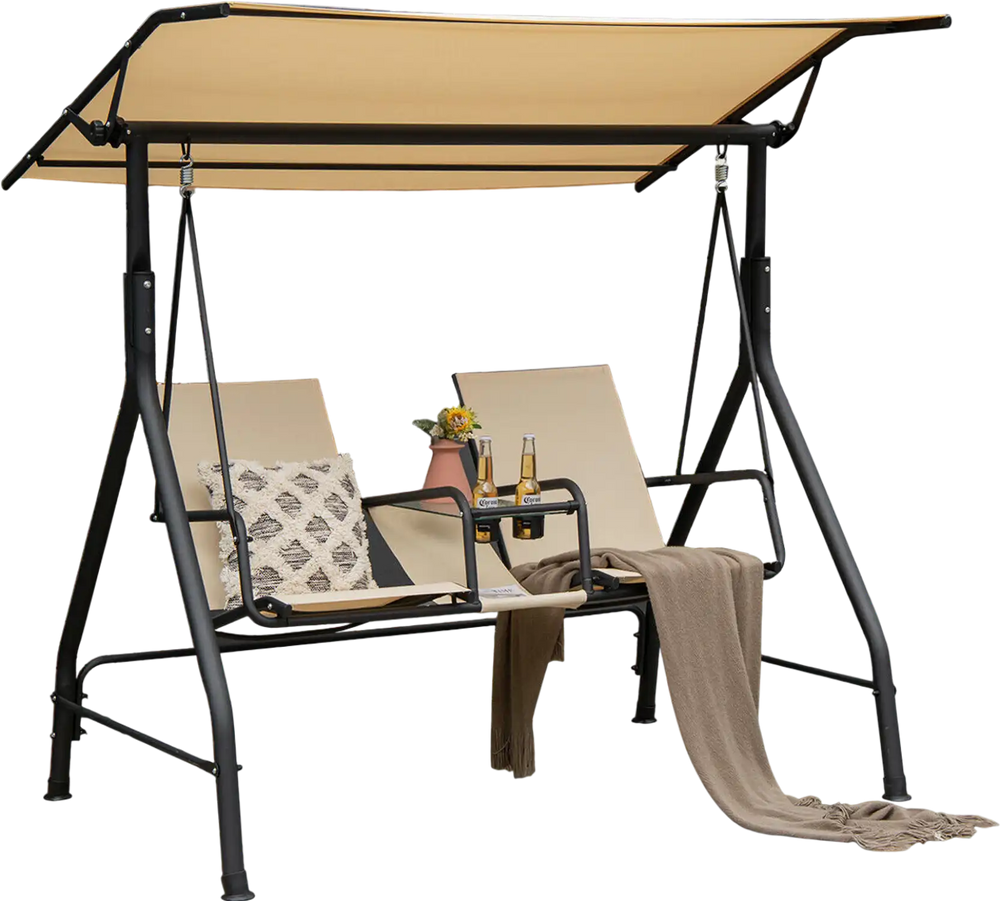 2-seat outdoor cushioned porch swing with adjustable canopy and tempered glass table, perfect for patio relaxation.